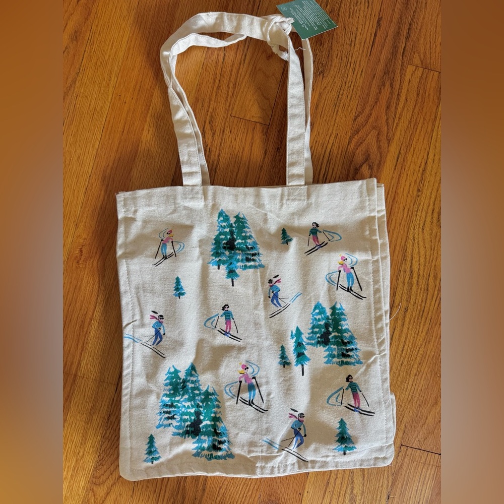 Canvas Tote Bag with Ski & Pine Print - New - Picture 3 of 3